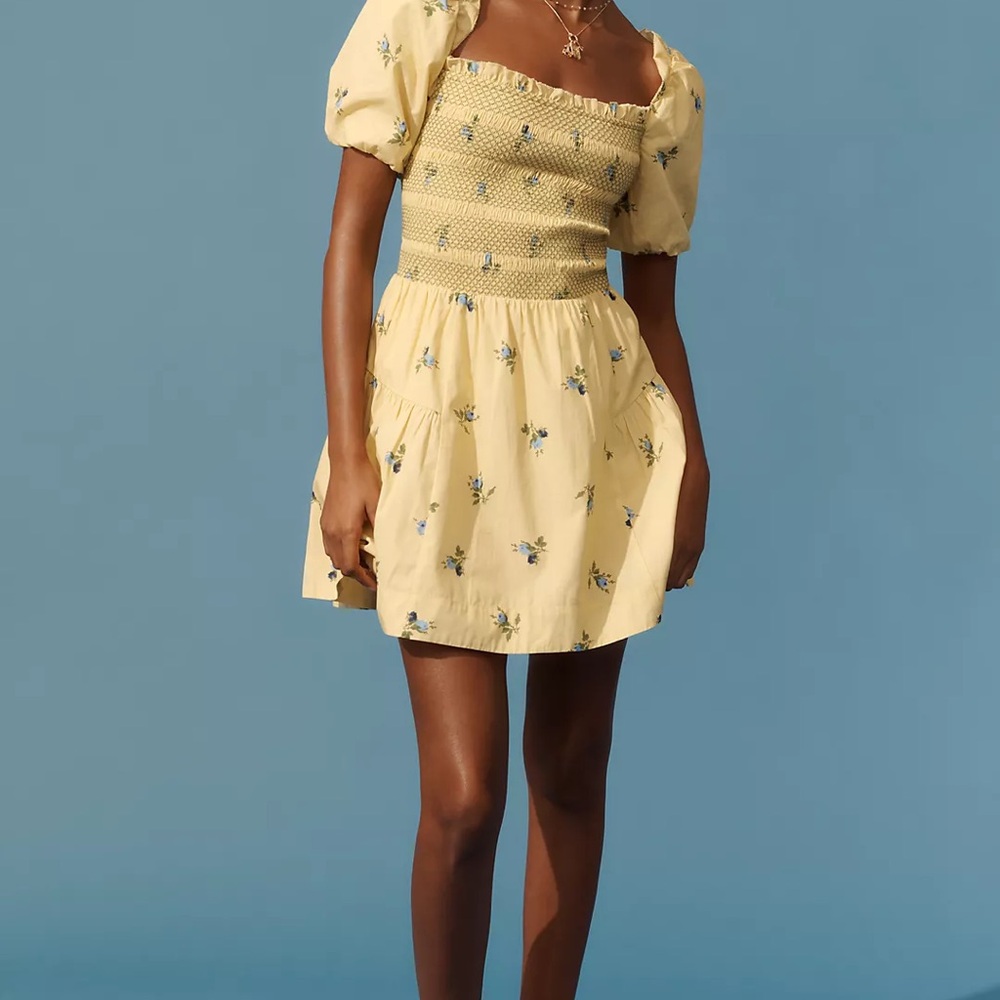 Anthropologie Yellow Floral Puff Sleeve Dress NEW with tags